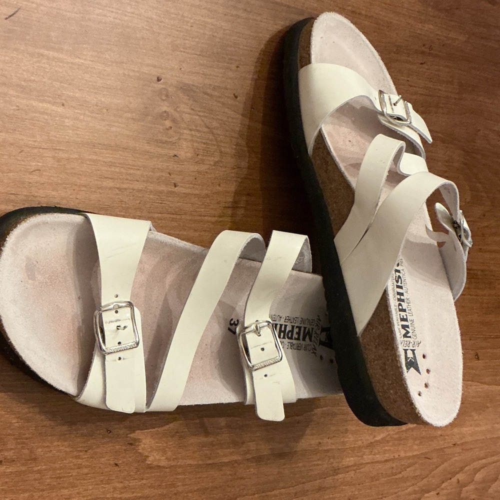 Mephisto Hermina White Leather Buckle Sandals